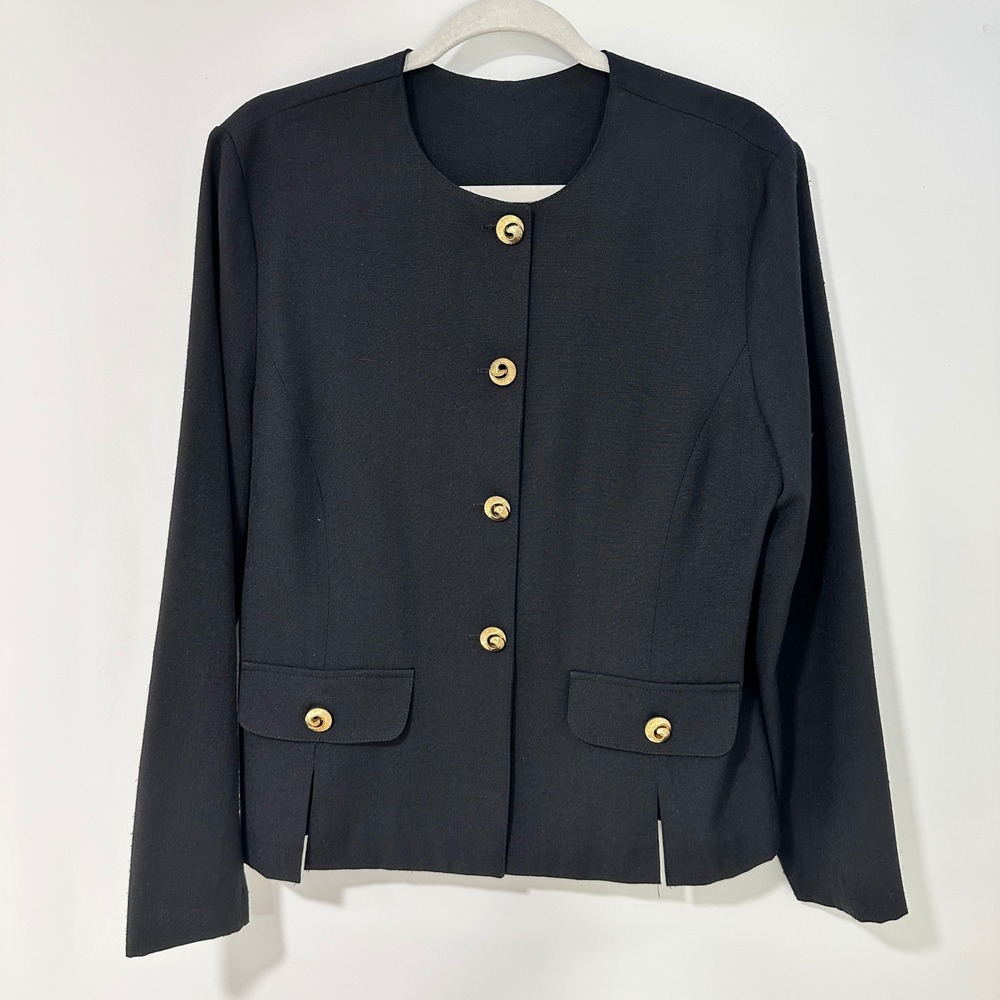 Nikki Womens Blazer Jacket 10 Black Gold Button Collarless Vintage USA Old Money